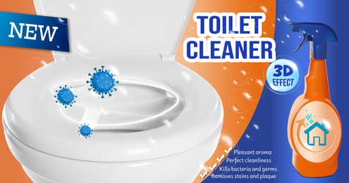 Image of Toilet cleaner and shiny unstained bowl, ad design  