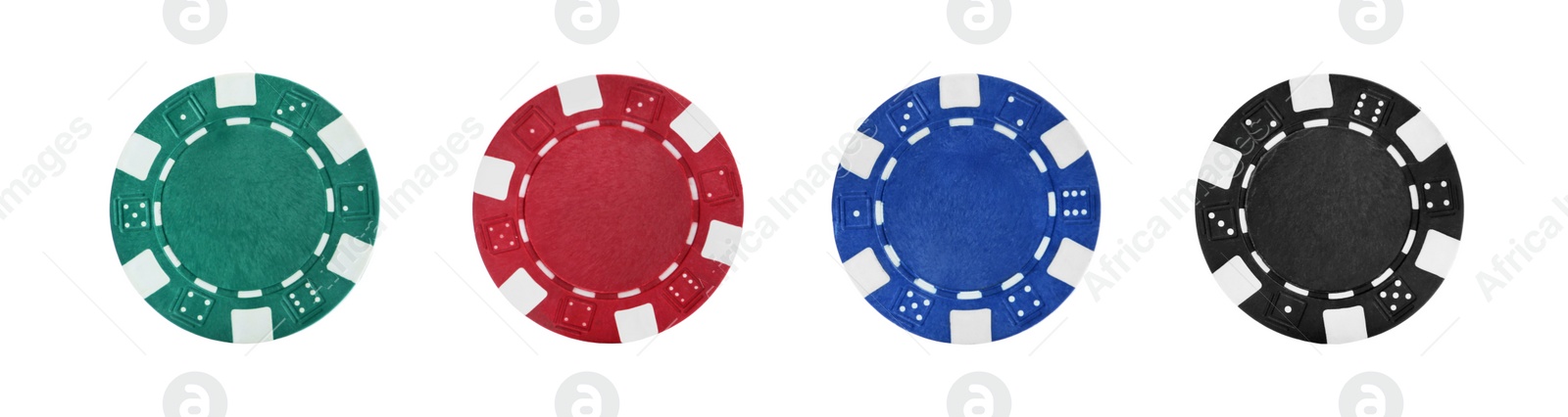 Image of Set with different casino chips on white background, top view. Banner design