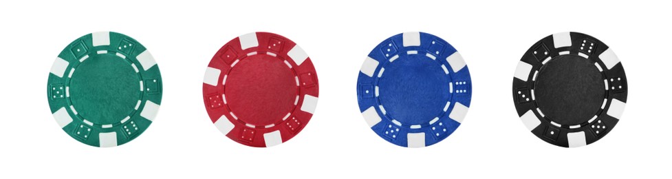 Image of Set with different casino chips on white background, top view. Banner design