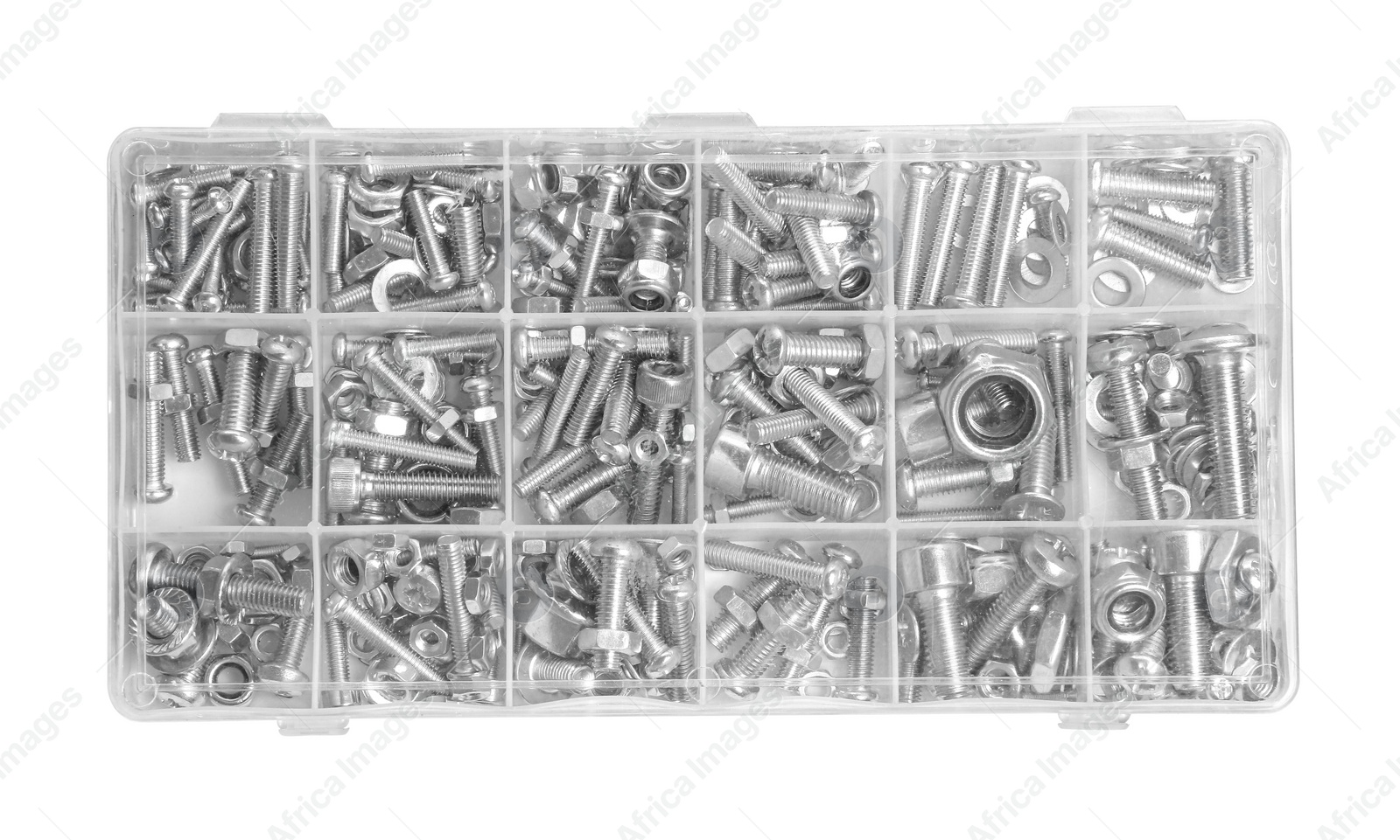 Photo of Plastic box with different bolts and nuts isolated on white, top view