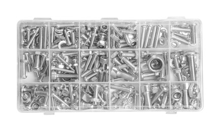 Photo of Plastic box with different bolts and nuts isolated on white, top view