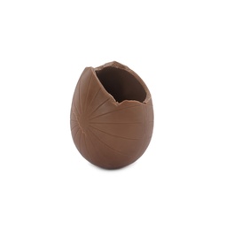 Photo of Broken milk chocolate egg on white background