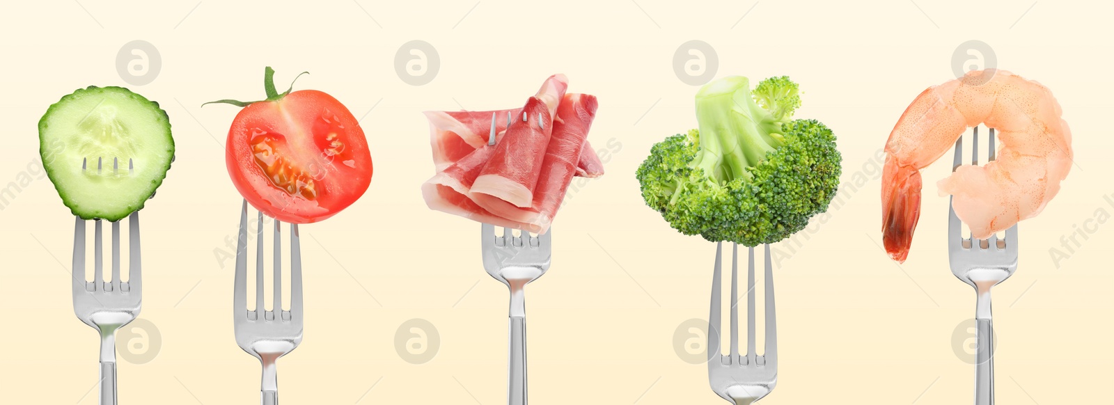 Image of Forks with different food products on beige background, collection