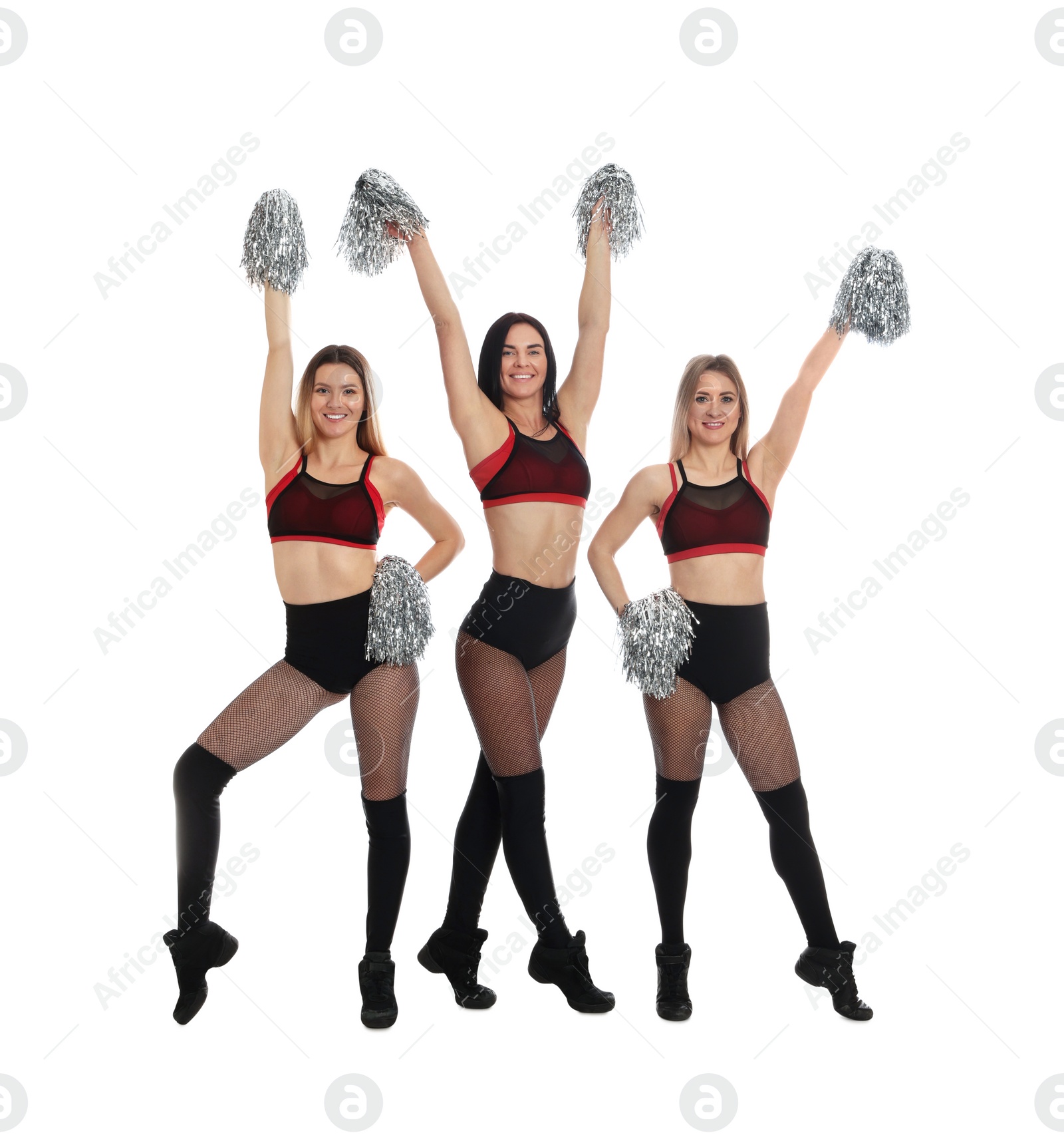 Photo of Group of beautiful cheerleaders on white background