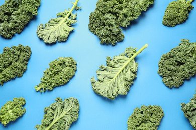 Fresh kale leaves on blue background, flat lay