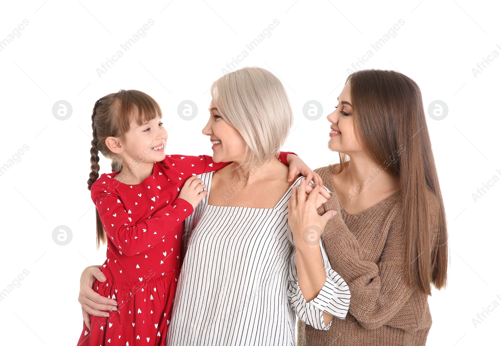 Photo of Portrait of beautiful mature woman with daughter and grandchild on white background