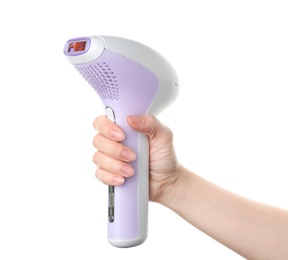 Woman holding modern laser epilator on white background, closeup