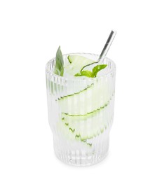 Photo of Refreshing cucumber water with basil in glass isolated on white