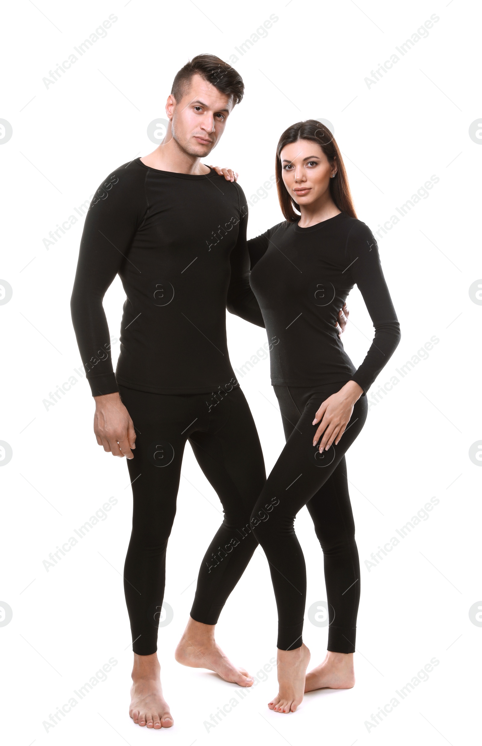 Photo of Couple wearing thermal underwear isolated on white