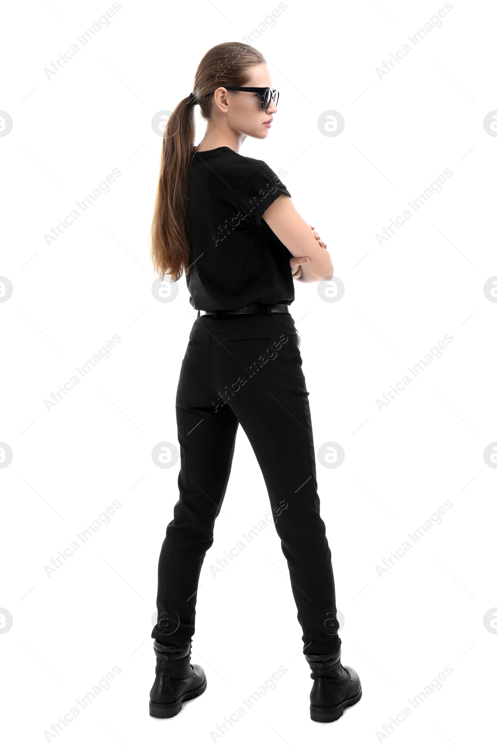 Photo of Female security guard in uniform on white background