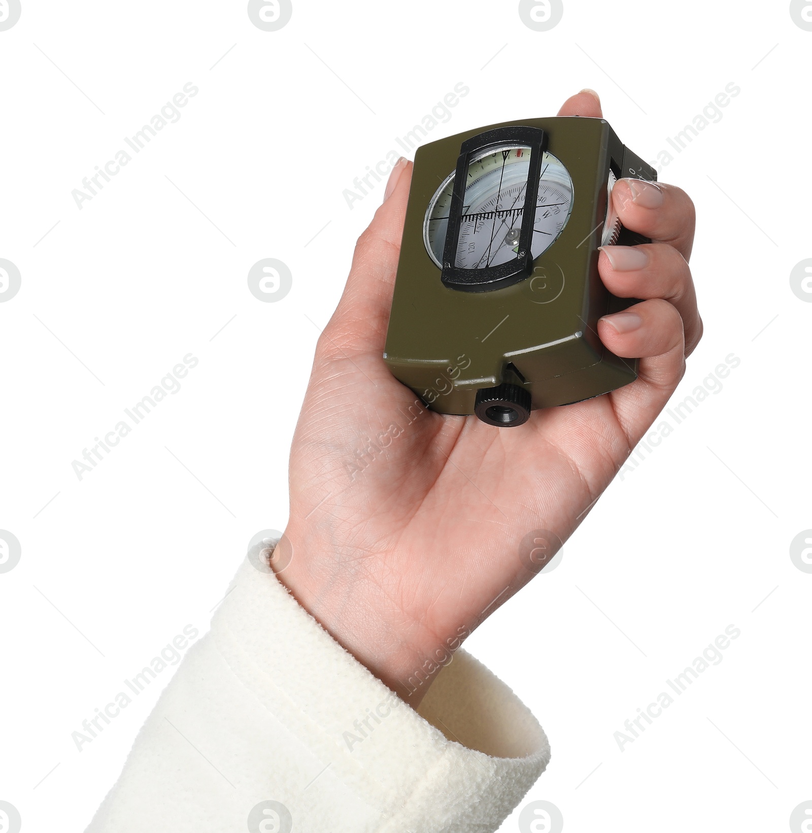 Photo of Woman holding compass on white background, closeup