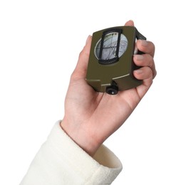 Photo of Woman holding compass on white background, closeup