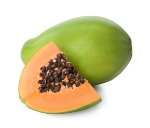 Photo of Fresh ripe papaya fruits on white background