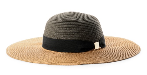 Photo of Stylish summer hat on white background. Beach accessory