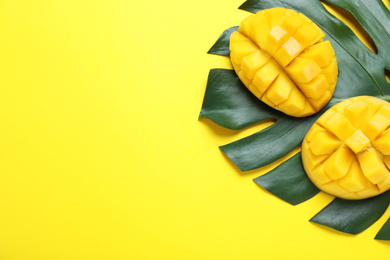 Cut fresh ripe mango and leaf on yellow background, flat lay. Space for text