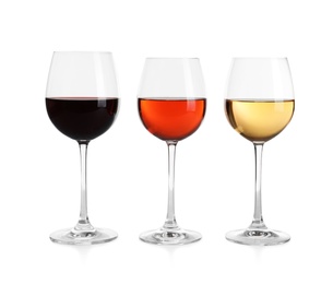 Photo of Glasses of different wine on white background