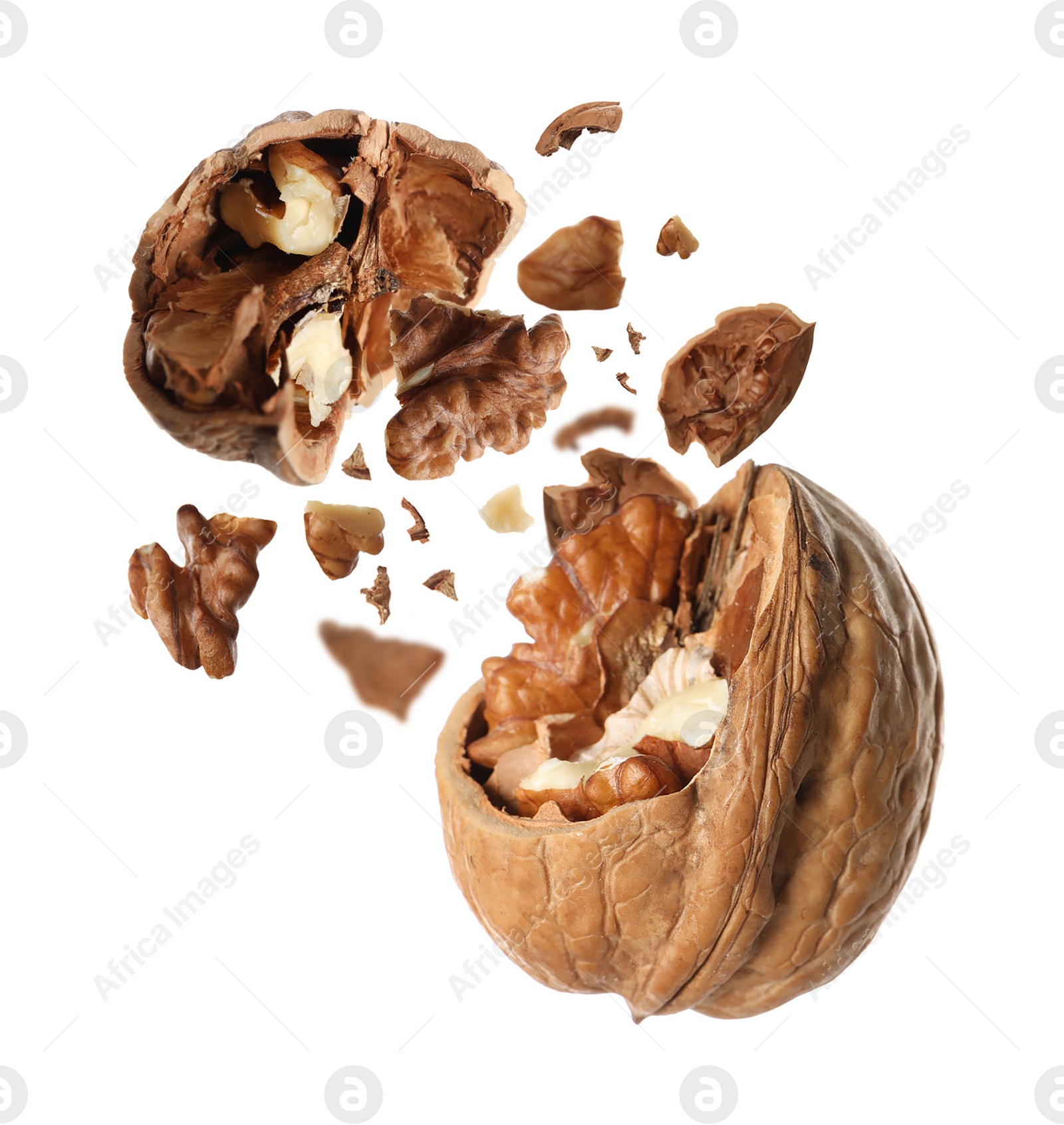 Image of Broken walnut and pieces of shell flying on white background