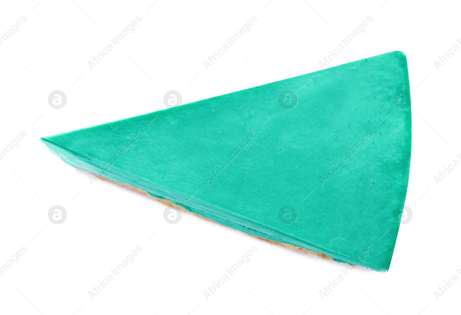 Photo of Piece of delicious spirulina cheesecake isolated on white, top view