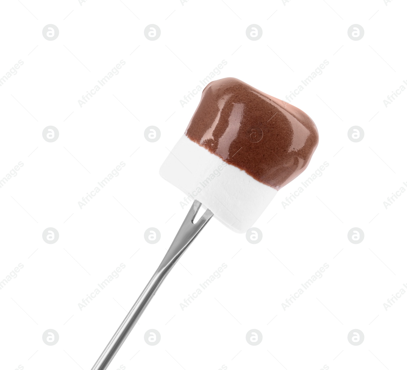 Photo of Marshmallow with melted chocolate on fondue fork against white background