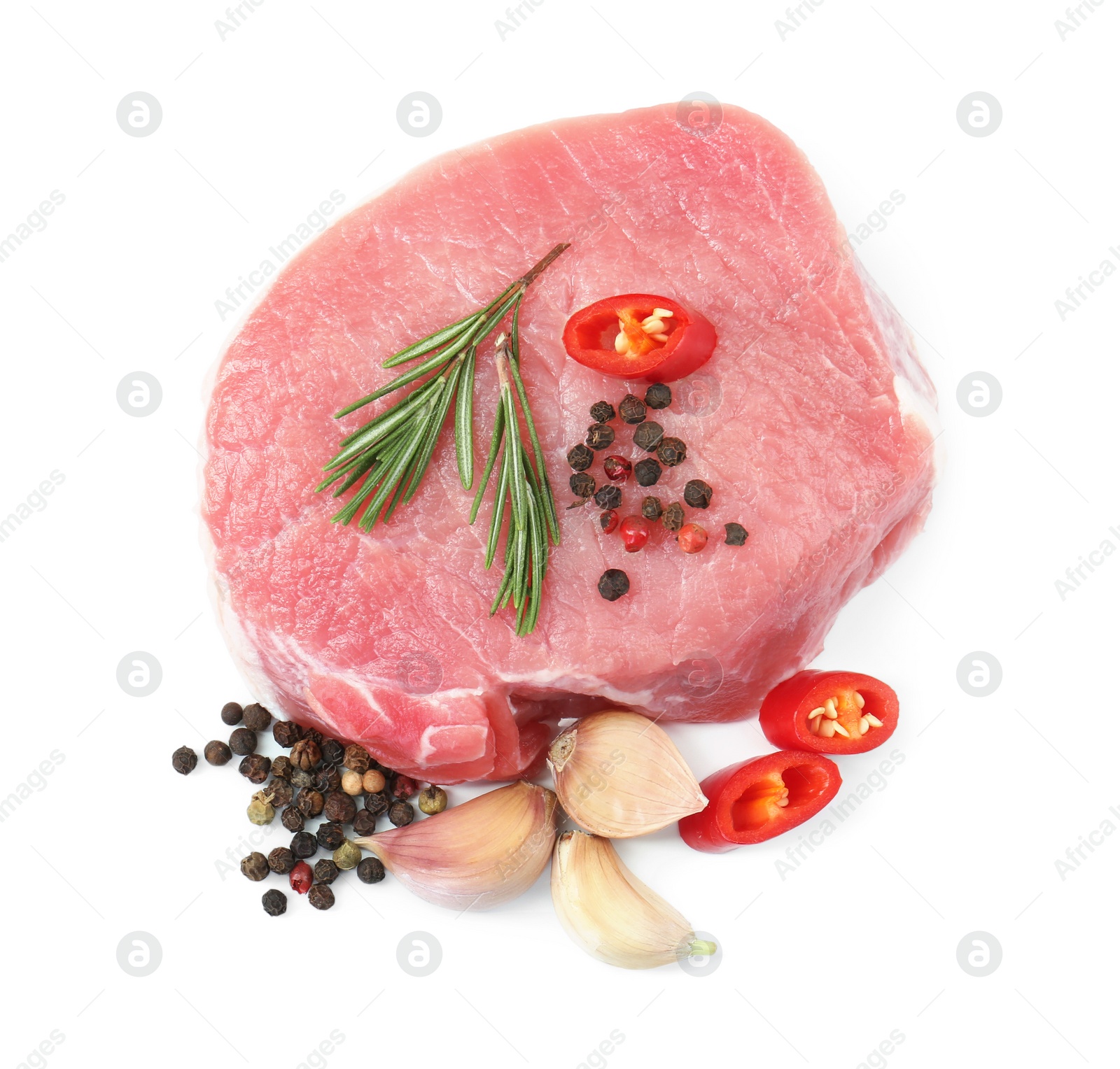 Photo of Piece of raw pork meat and spices isolated on white, top view