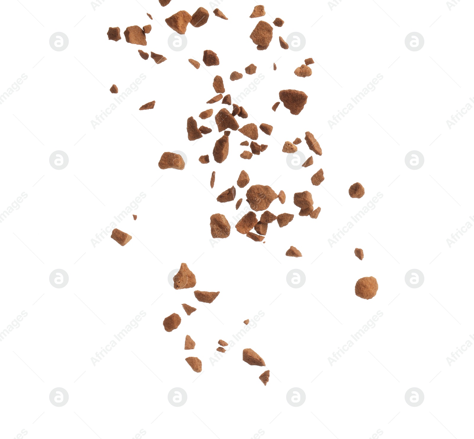 Photo of Pouring aromatic instant coffee on white background