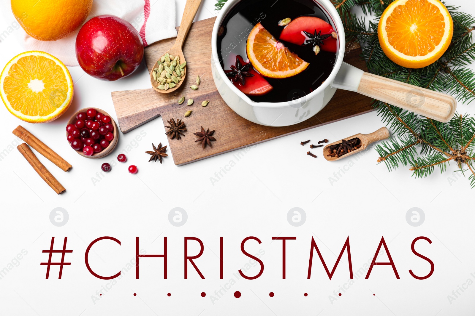 Image of Hashtag Christmas, delicious mulled wine and ingredients on white background, flat lay