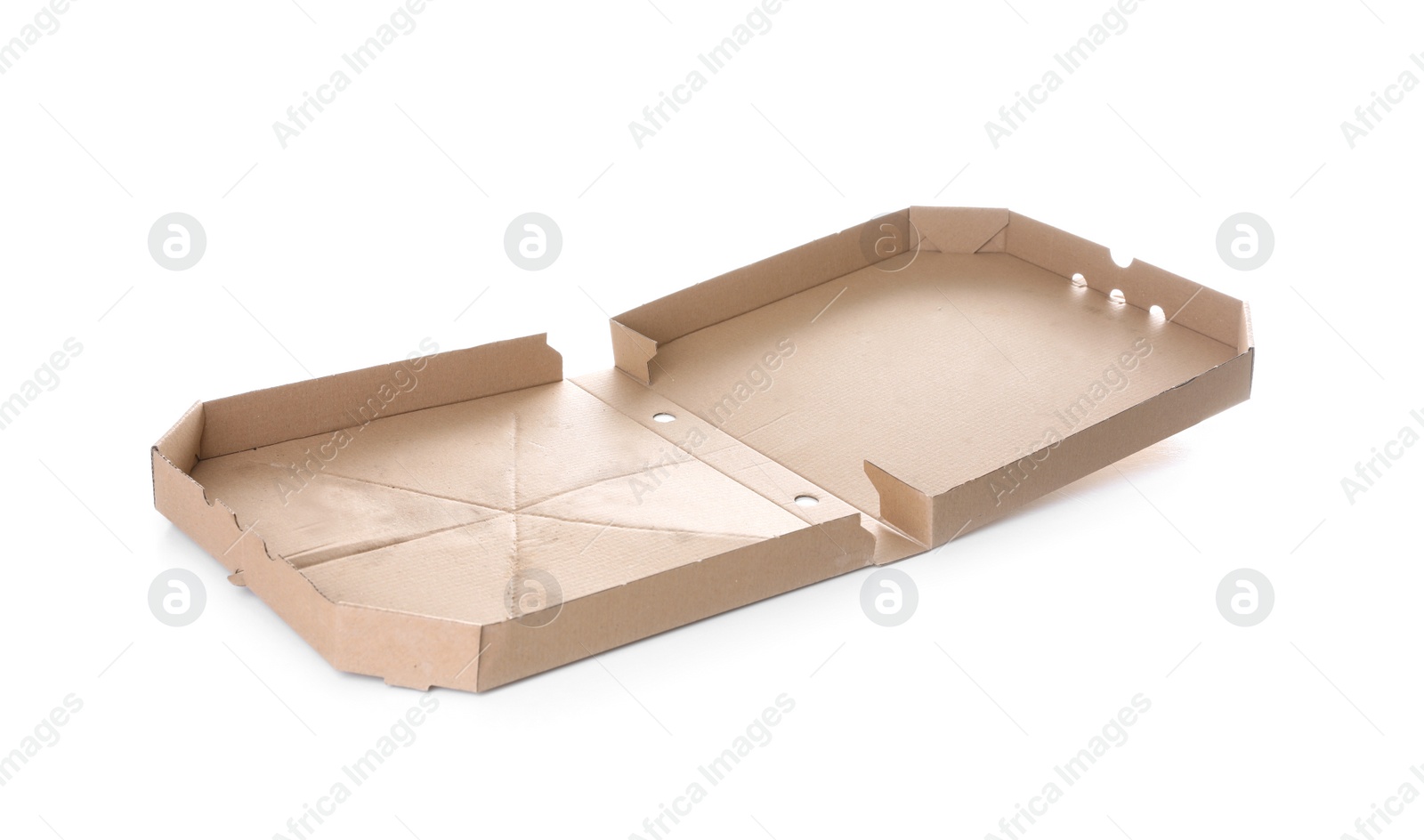 Photo of Open cardboard pizza box on white background