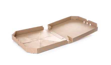 Open cardboard pizza box on white background