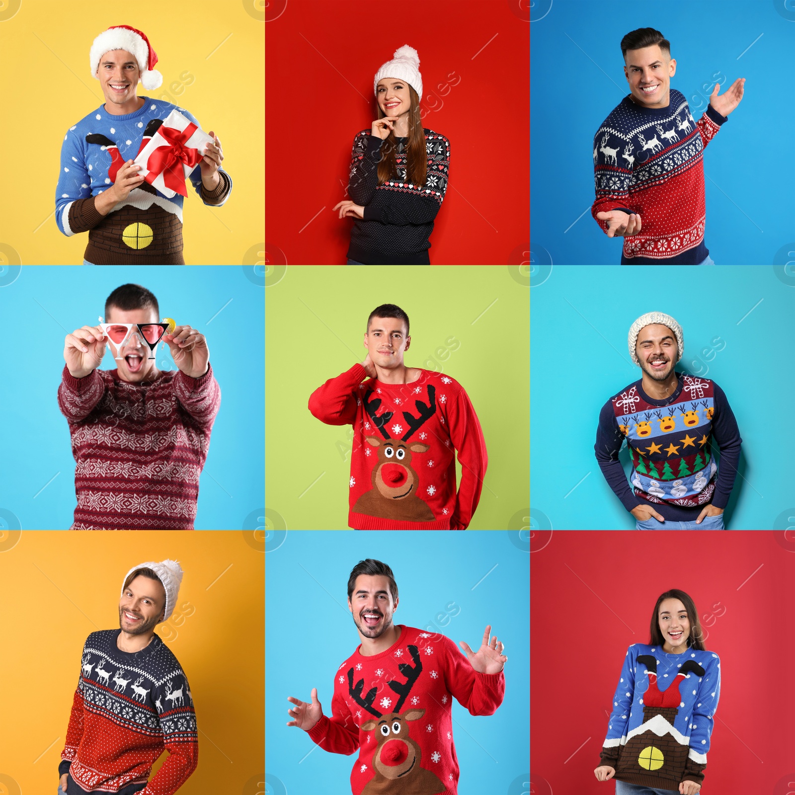 Image of Collage with photos of men and women in different Christmas sweaters on color backgrounds