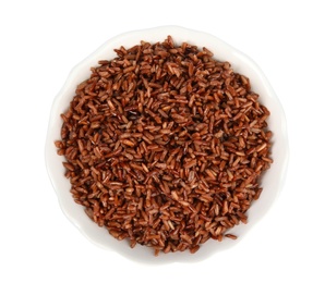 Photo of Bowl with delicious cooked brown rice on white background, top view