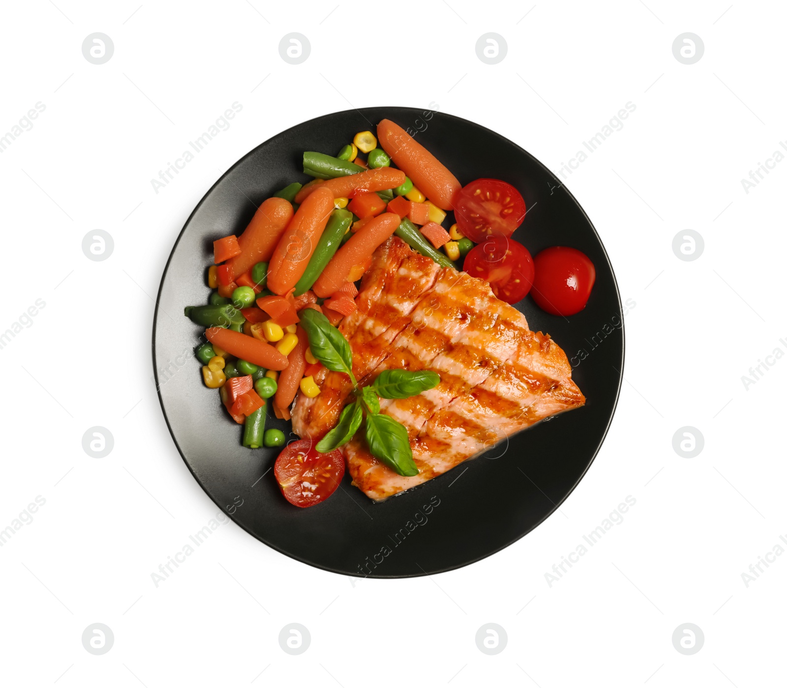 Photo of Tasty grilled salmon with mixed vegetables on white background, top view