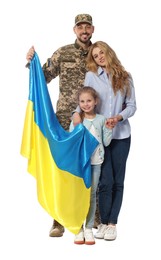 Photo of Soldier in military uniform reunited with his family and Ukrainian flag on white background