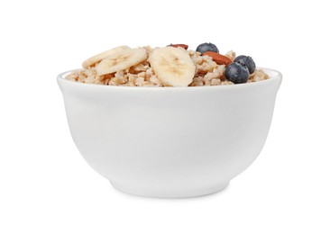 Photo of Tasty boiled oatmeal with blueberries, banana and almonds in bowl isolated on white