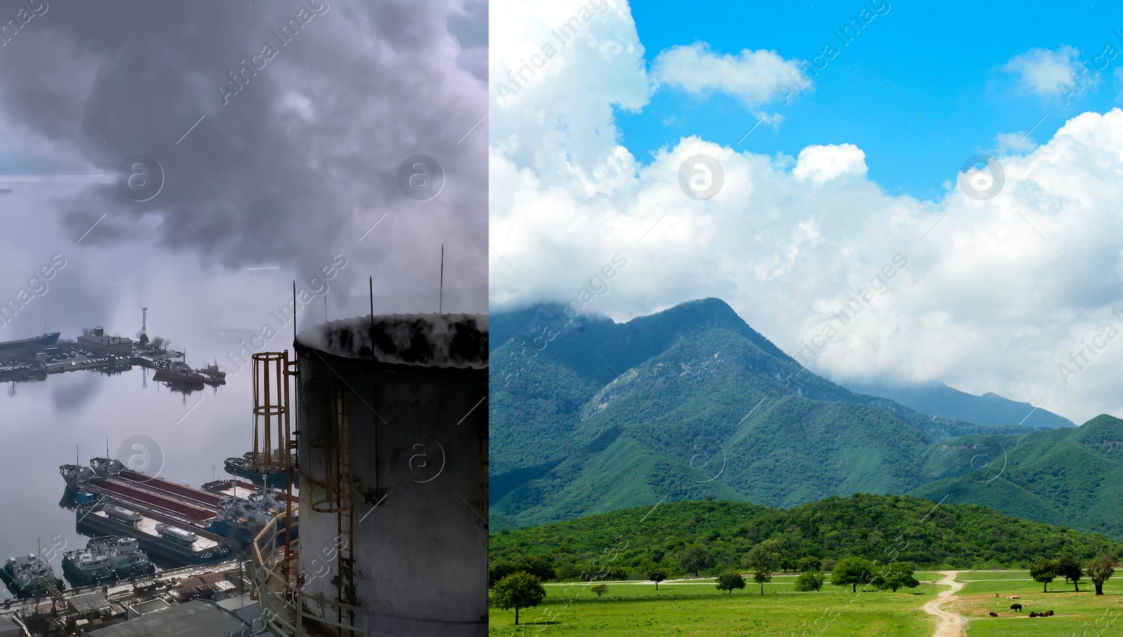 Image of Environmental pollution, banner design. Collage divided into mountain landscape and aerial view on industrial factory with emissions