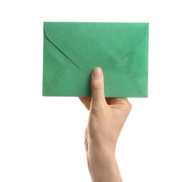 Woman holding green paper envelope on white background, closeup