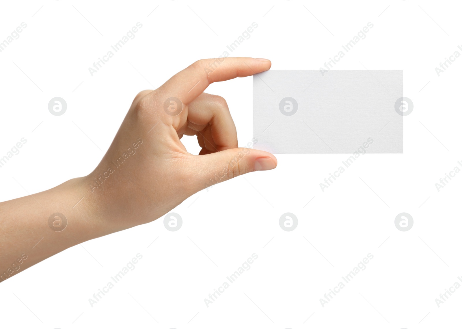 Photo of Woman holding blank gift card on white background, closeup