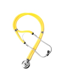 Stethoscope on white background, top view. Medical students stuff