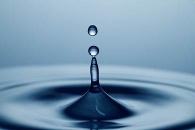 Splash of clear water with drops on light blue background, closeup