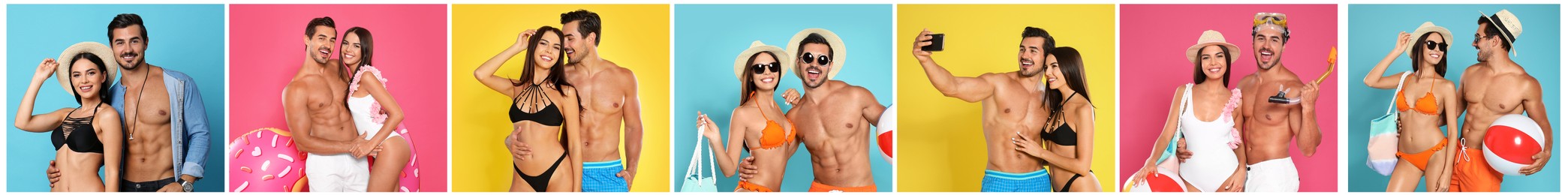 Image of Collage with beautiful photos themed to summer party and vacation. Happy young couple wearing beachwear on different color backgrounds, banner design