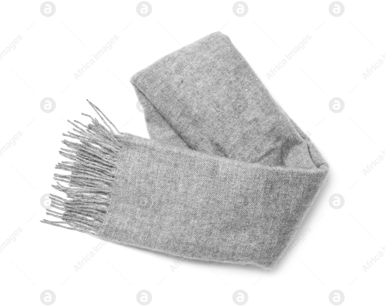 Photo of Soft grey woolen scarf isolated white, top view