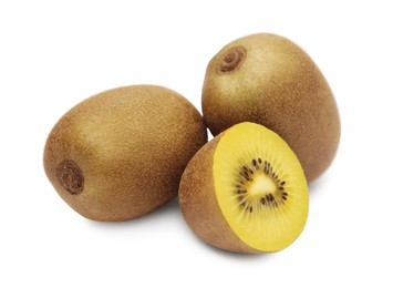 Photo of Whole and cut ripe yellow kiwis on white background