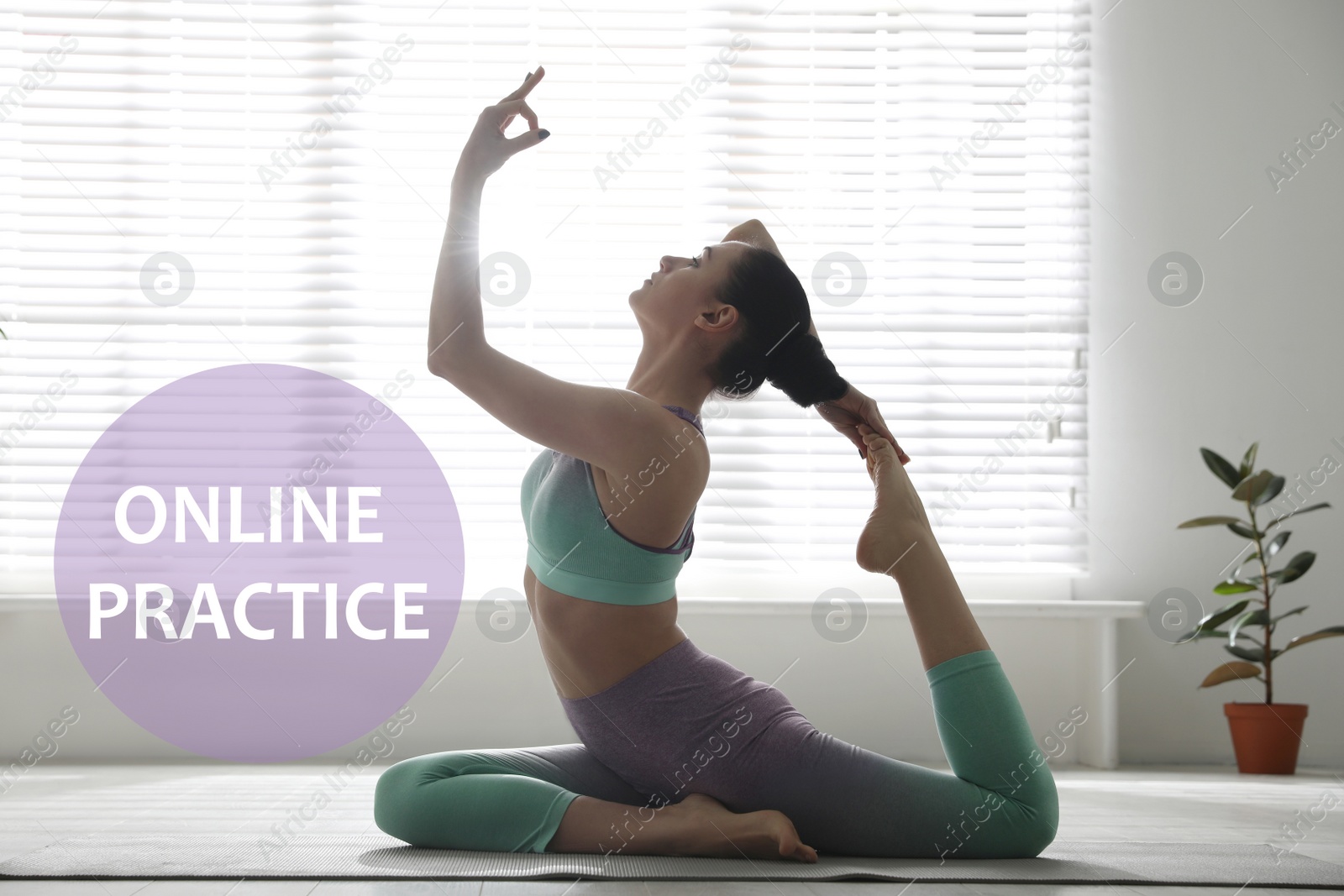 Image of Young woman in sportswear practicing yoga at home