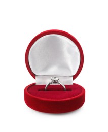 Photo of Beautiful engagement ring with gemstone in box isolated on white