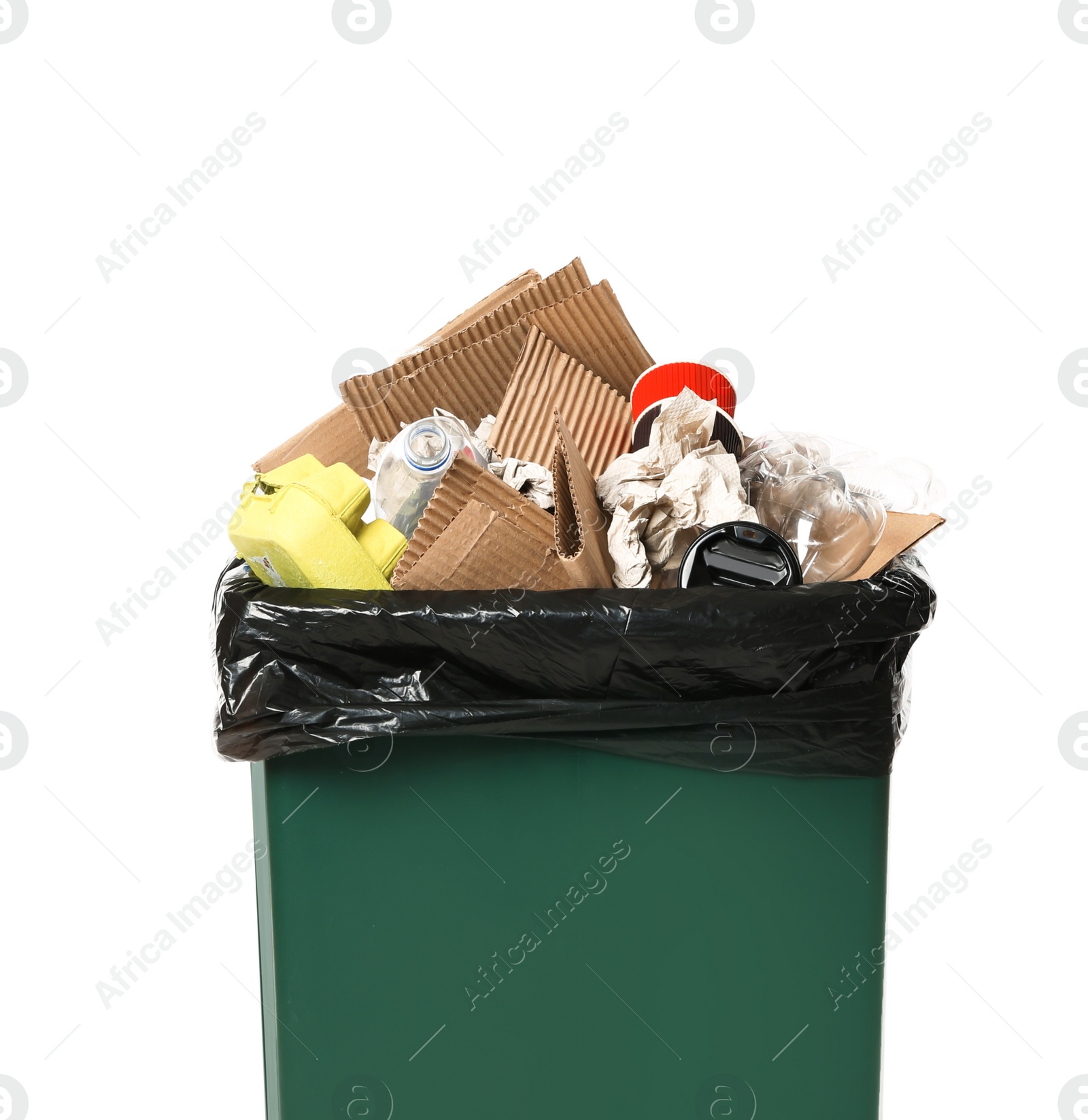 Photo of Trash bin with garbage on white background. Waste recycling