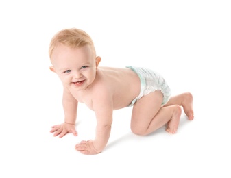 Photo of Cute little baby crawling on white background