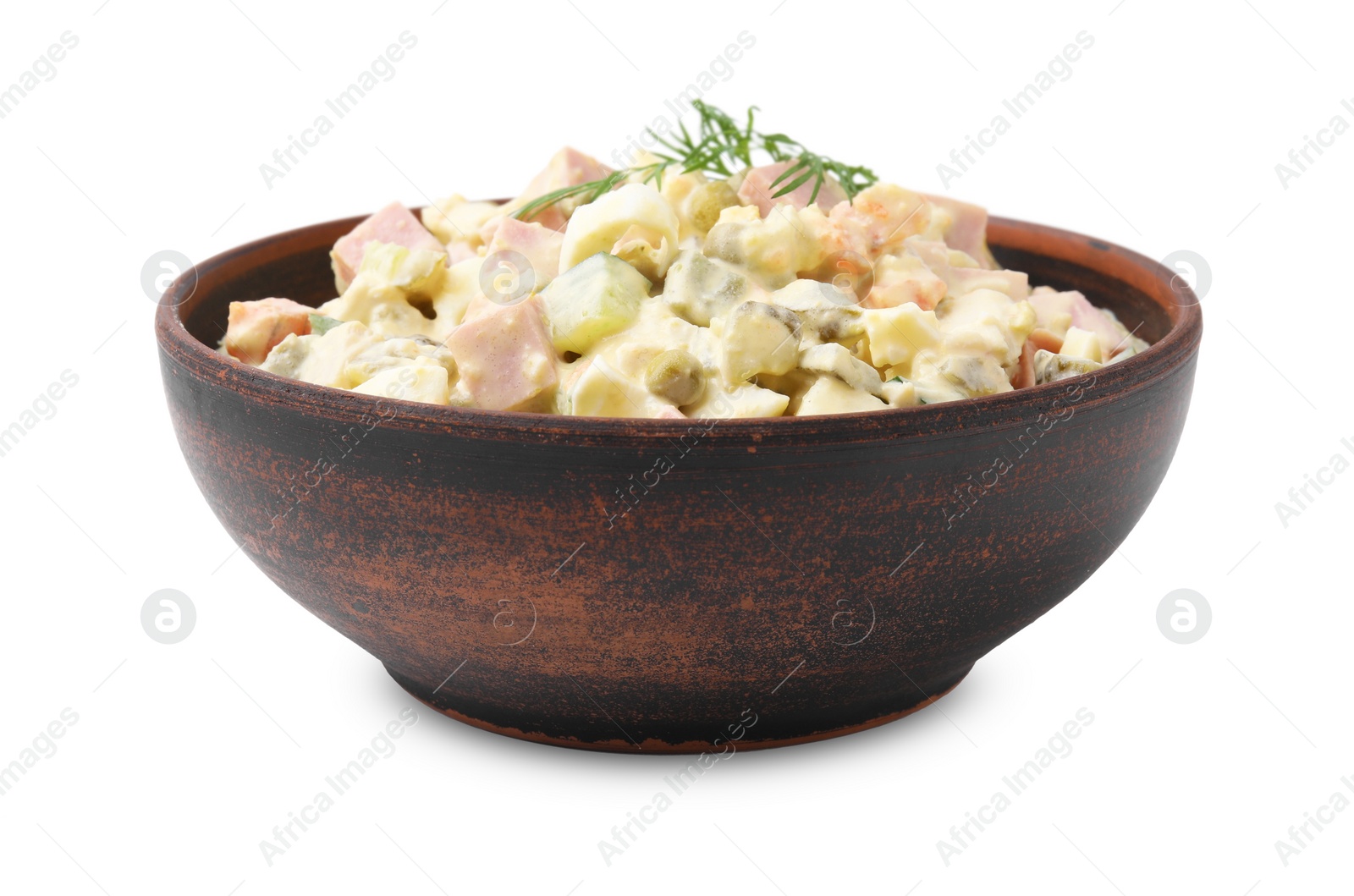 Photo of Tasty Olivier salad with boiled sausage in bowl isolated on white