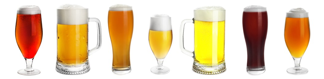 Image of Set with cold tasty beer on white background. Banner design