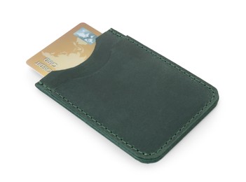 Photo of Leather card holder with plastic credit card isolated on white