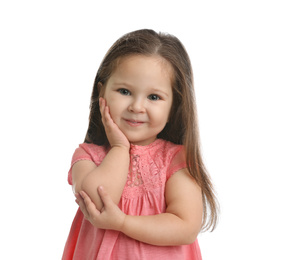 Portrait of cute little girl on white background