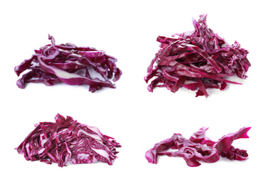 Image of Set of fresh chopped red cabbage on white background